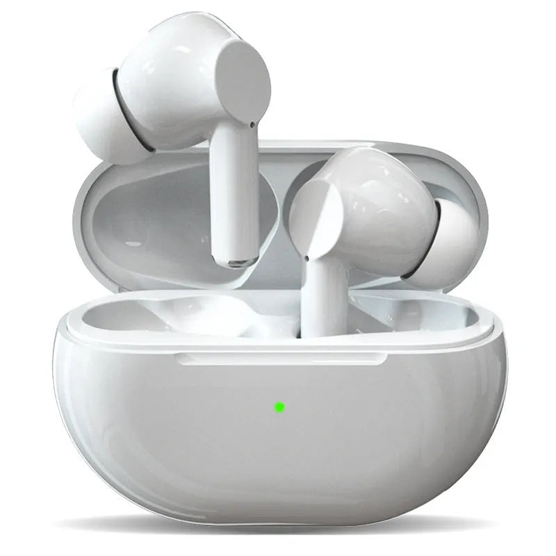 Black and white Pro4 true wireless Bluetooth earbuds with compact charging case on a table.