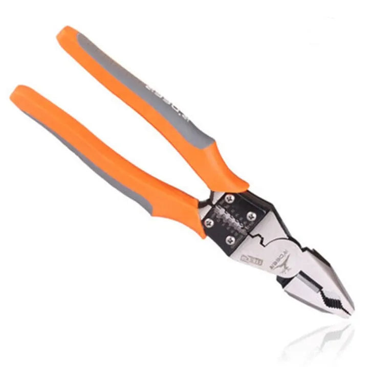 Orange handled multi-function wire cutter pliers with chrome steel head on a workbench.