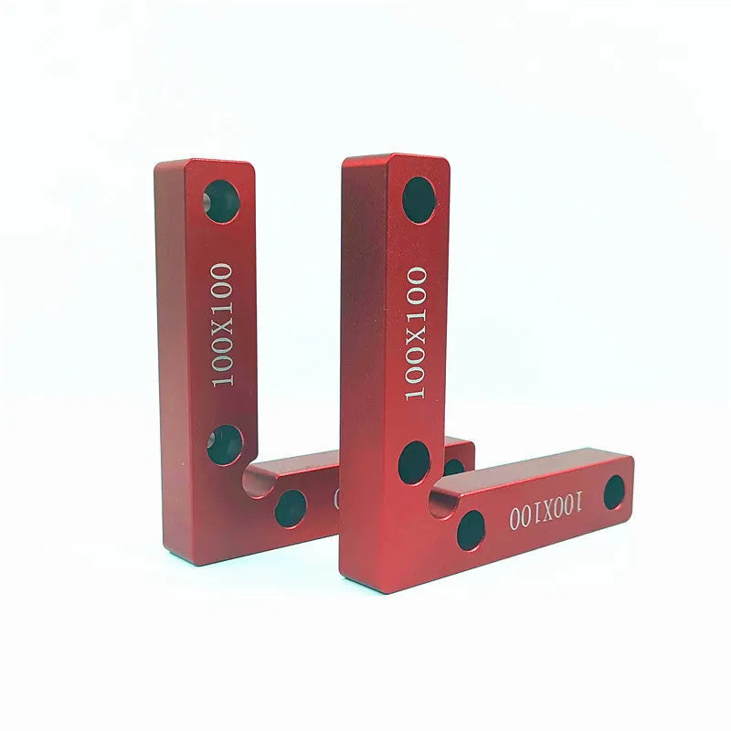 Solid aluminium right angle woodworking positioning block with measurement scale, shown with clamps and jigsaw.