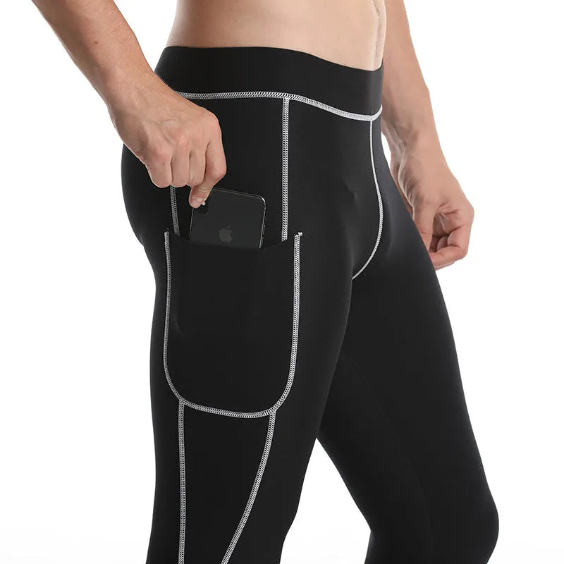 Black shaping fitness pants with compression nylon and neoprene fabric for running and gym workouts
