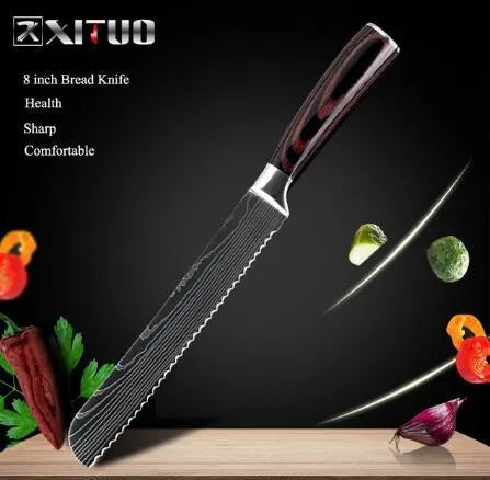 7Cr17 stainless steel kitchen knife with laser Damascus pattern on blade and colour steel handle.