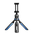Black desktop mobile phone tripod for Apple iPhone and Huawei P30 models.