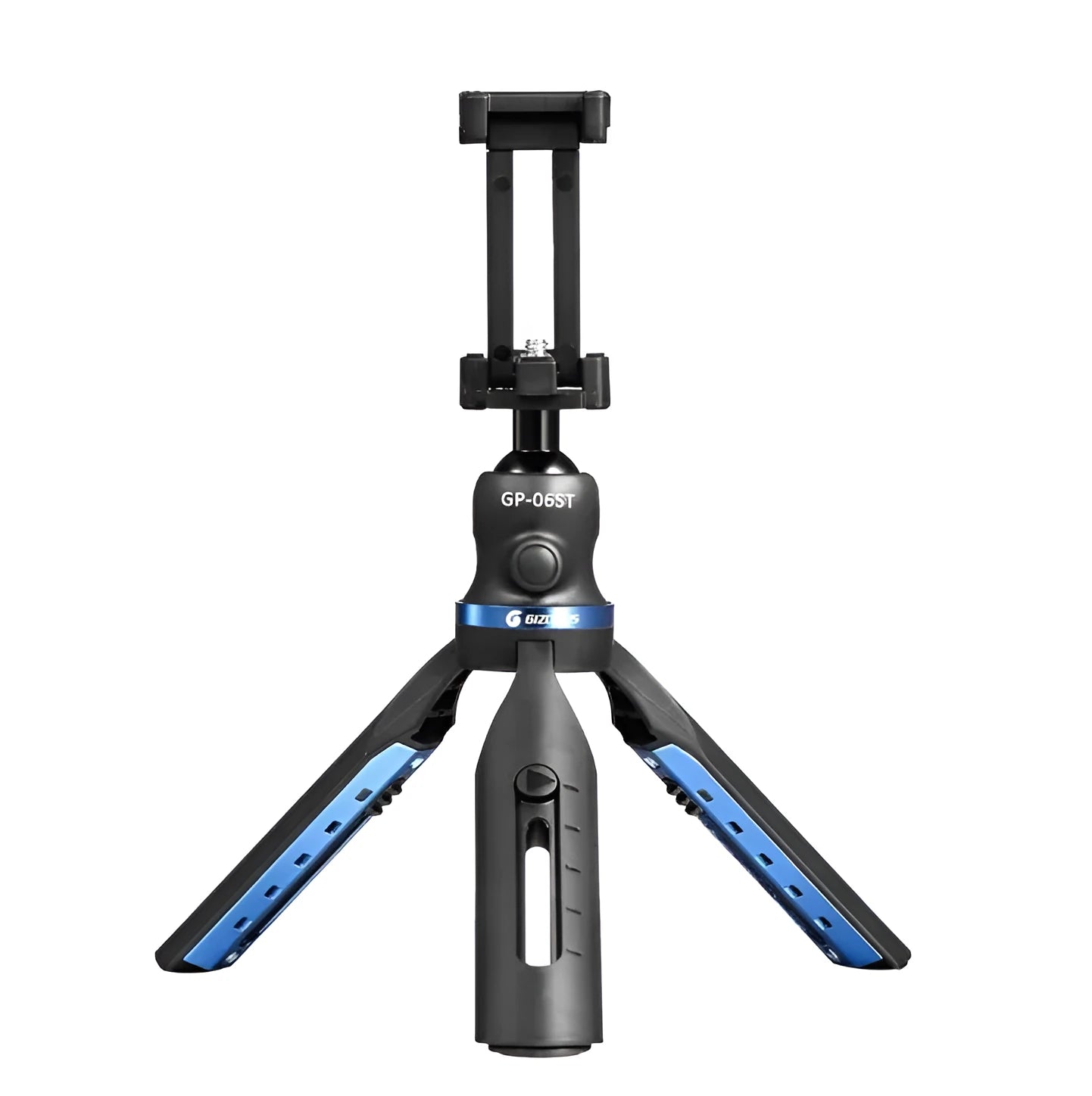 Black desktop mobile phone tripod for Apple iPhone and Huawei P30 models.