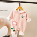 Pink little bee print baby jumpsuit with long sleeves, single-breasted front, on white background