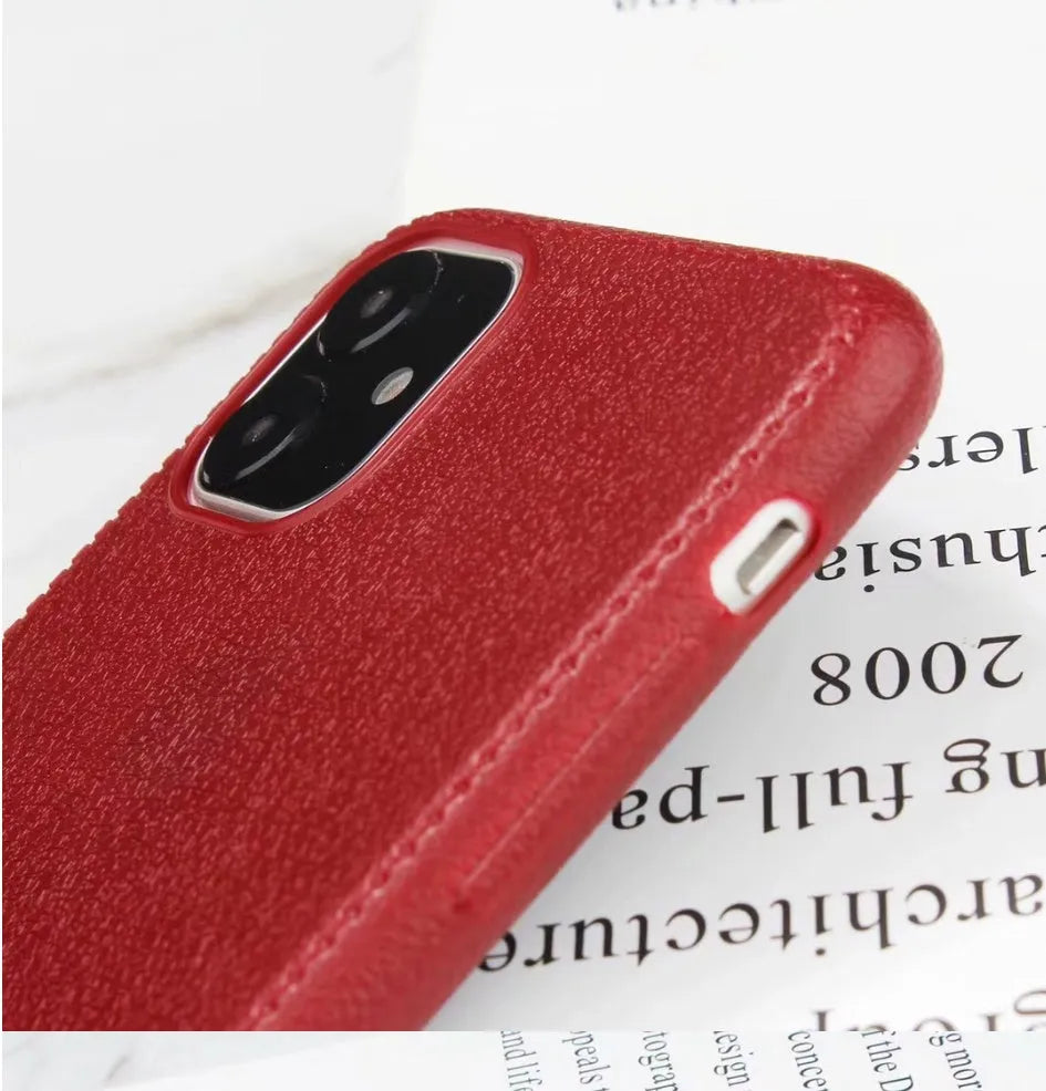 Genuine leather iPhone case with TPU interior in black, brown, navy blue, and wine red colours