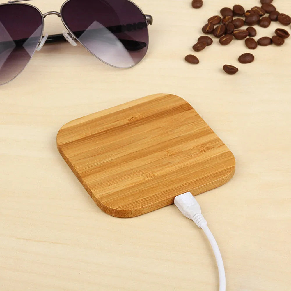 Square wooden bamboo wireless charging pad with brown colour showing dimensions 92mm x 92mm