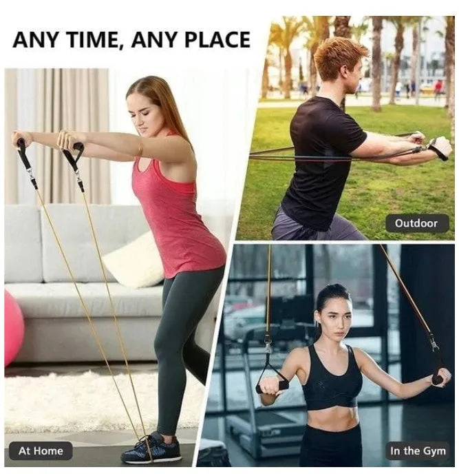 Rally resistance band fitness equipment set with colour-coded latex pull ropes, handles, foot rings, and door buckle