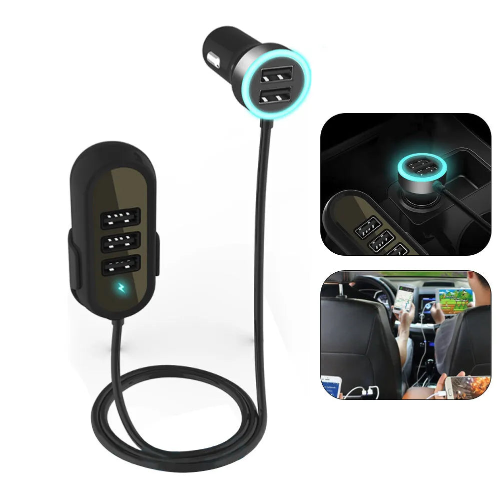 Black and white car rear seat charger with 6.8A USB output, 12-24V input and ABS PC housing