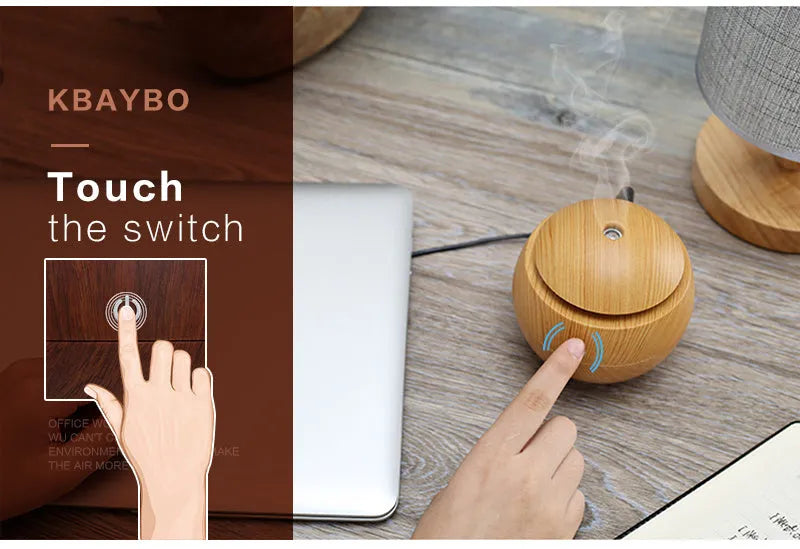 USB ultrasonic essential oil diffuser humidifier with 7 colour LED night light, light wood finish, 95x100mm