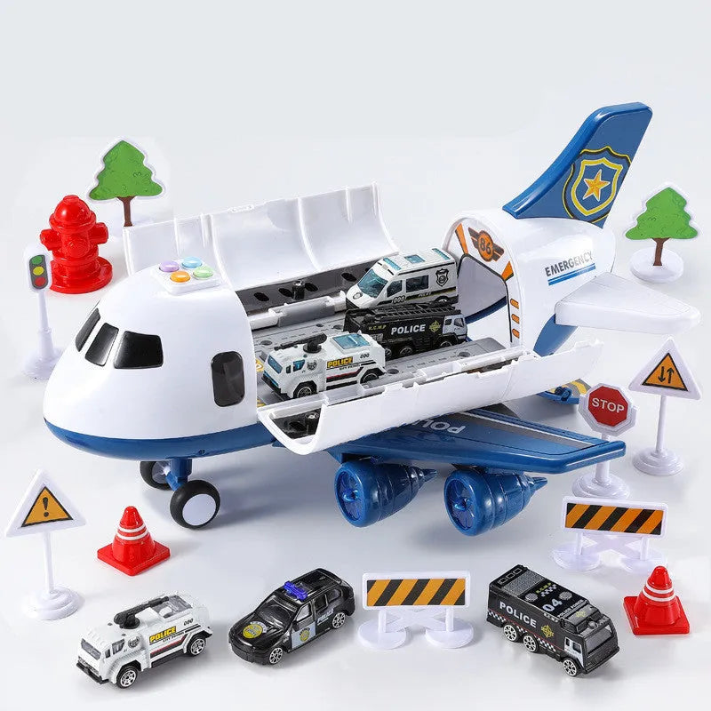 Children's toy plane set with 1 aircraft, 6 alloy cars and 11 road signs, 36x40x19.5cm, lights and sounds, model HS1806