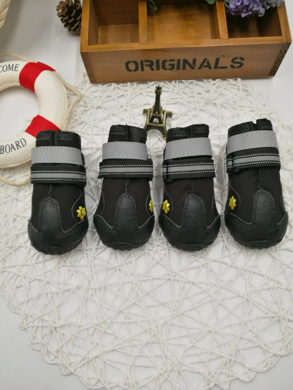 Black dog shoes with waterproof PVC sole and adjustable fuzzy strap, sizes 2-6, No1, No7, No8