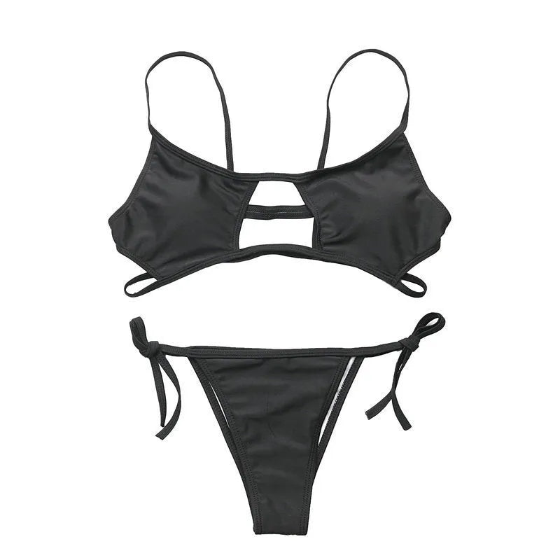 Ladies two-piece bikini swimwear set in polyester and spandex, available in black or red, sizes S M L