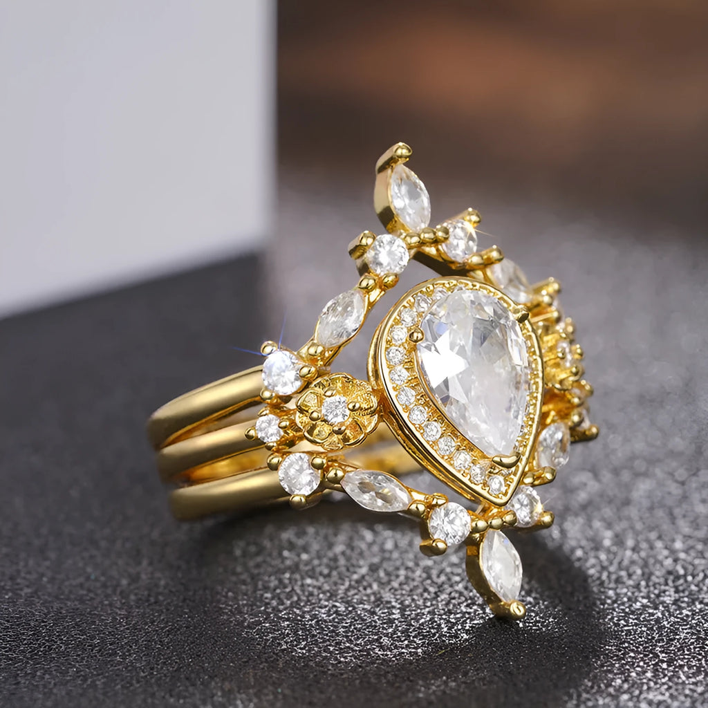 Women's drop-shaped ring with inlaid zircon and copper band in yellow gold colour, sizes No.6 to No.10