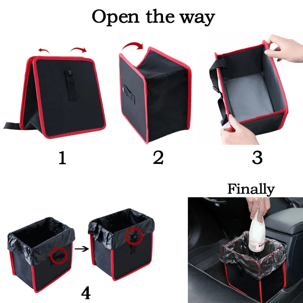 Foldable Oxford car wastebasket 22x22x15cm hanging from car seat with snap closures