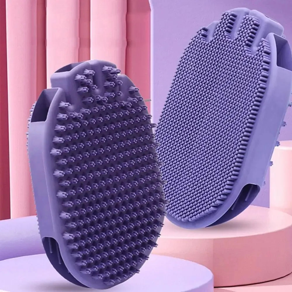 Purple pet grooming brush with dual-sided design and ergonomic handle for dog and cat bathing