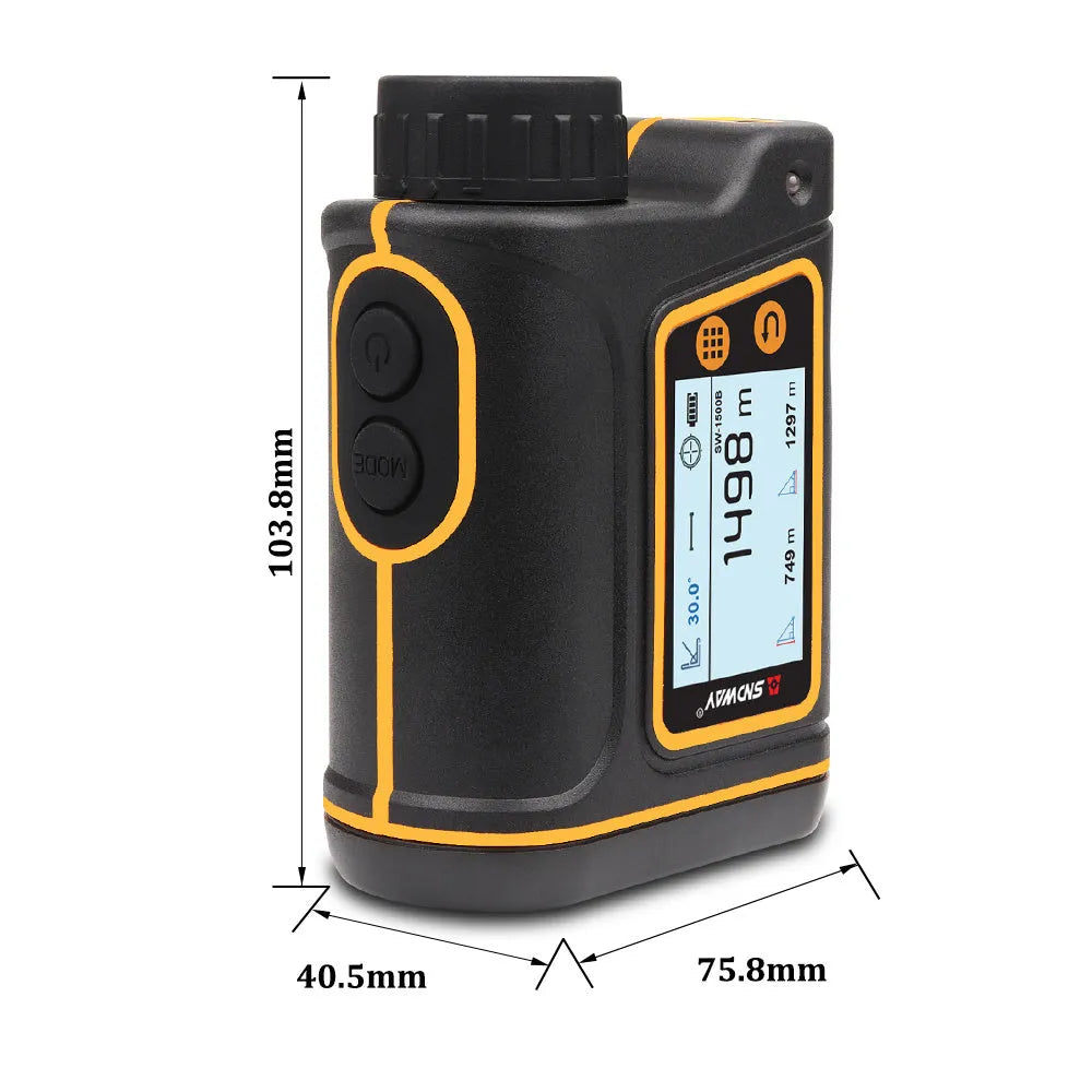 Outdoor handheld golf rangefinder device showing compact design on green background.