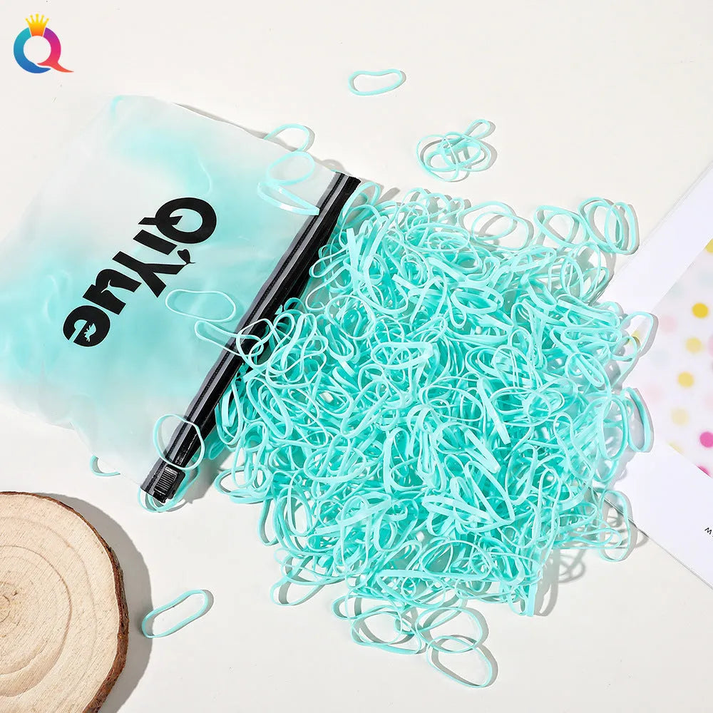 Children's disposable hair rubber bands 1000pcs strong pull cartoon design assorted colours deep coffee glittering powder grass green