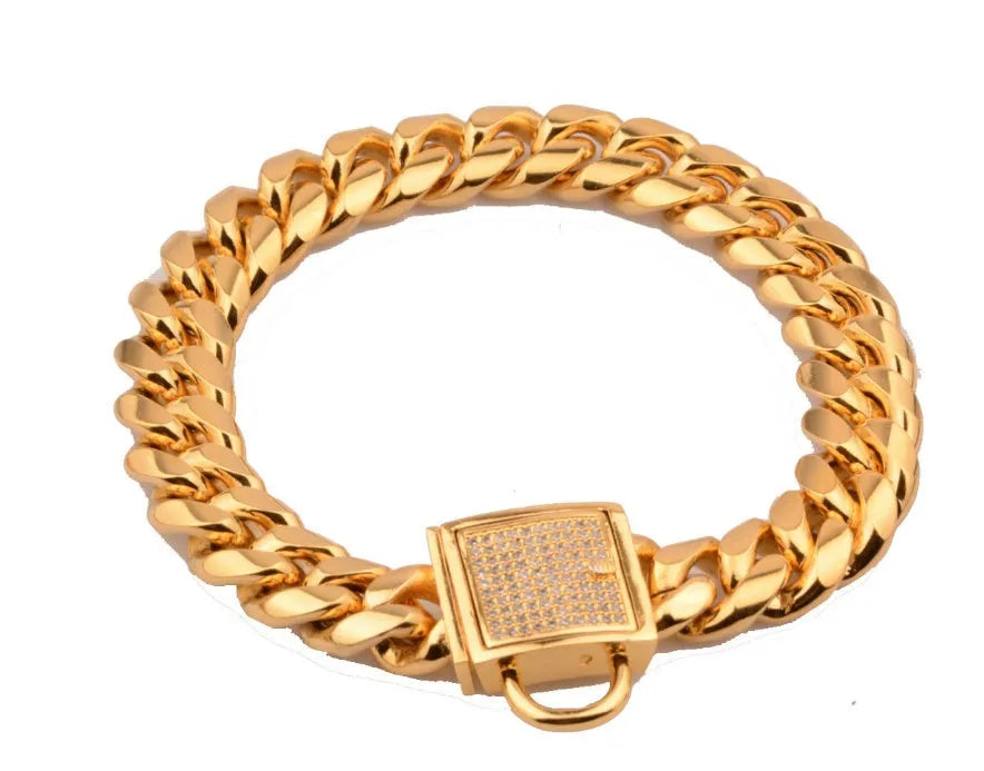 Gold stainless steel titanium steel encryption chain necklace 30mm wide on display