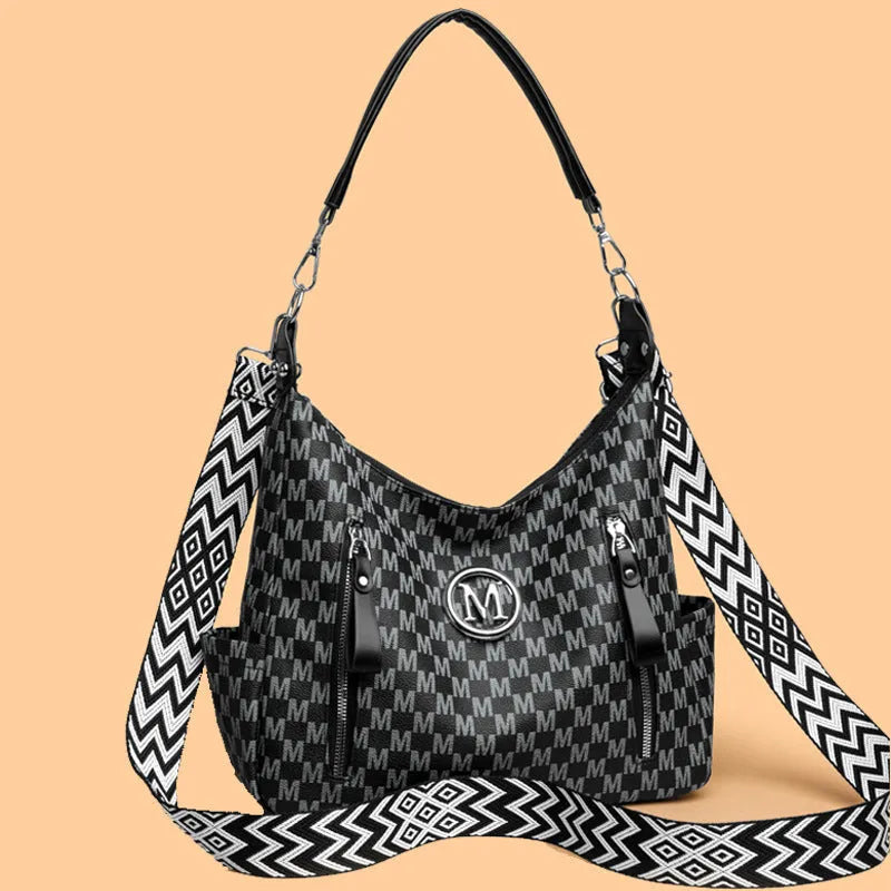 Retro simple printed shoulder messenger bag in PU material with double straps and sandwich pocket design
