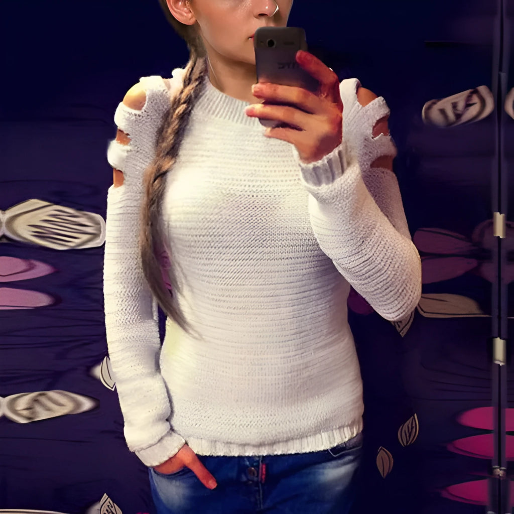 Women's grey knitted pullover shirt with hollow-out crochet pattern on the sleeves and body.
