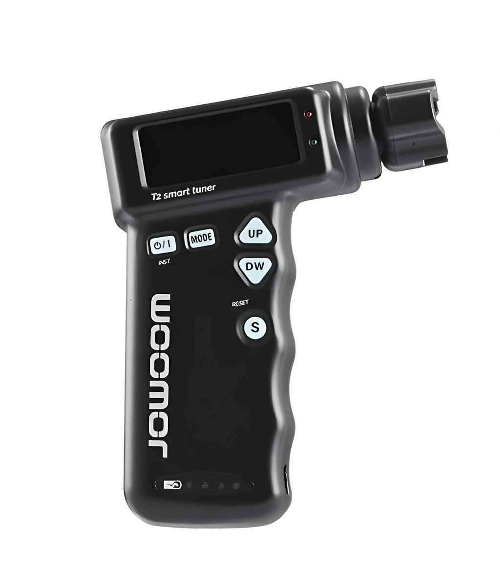 Black and white smart guitar tuner with integrated string winder and colour LCD display on a guitar headstock.
