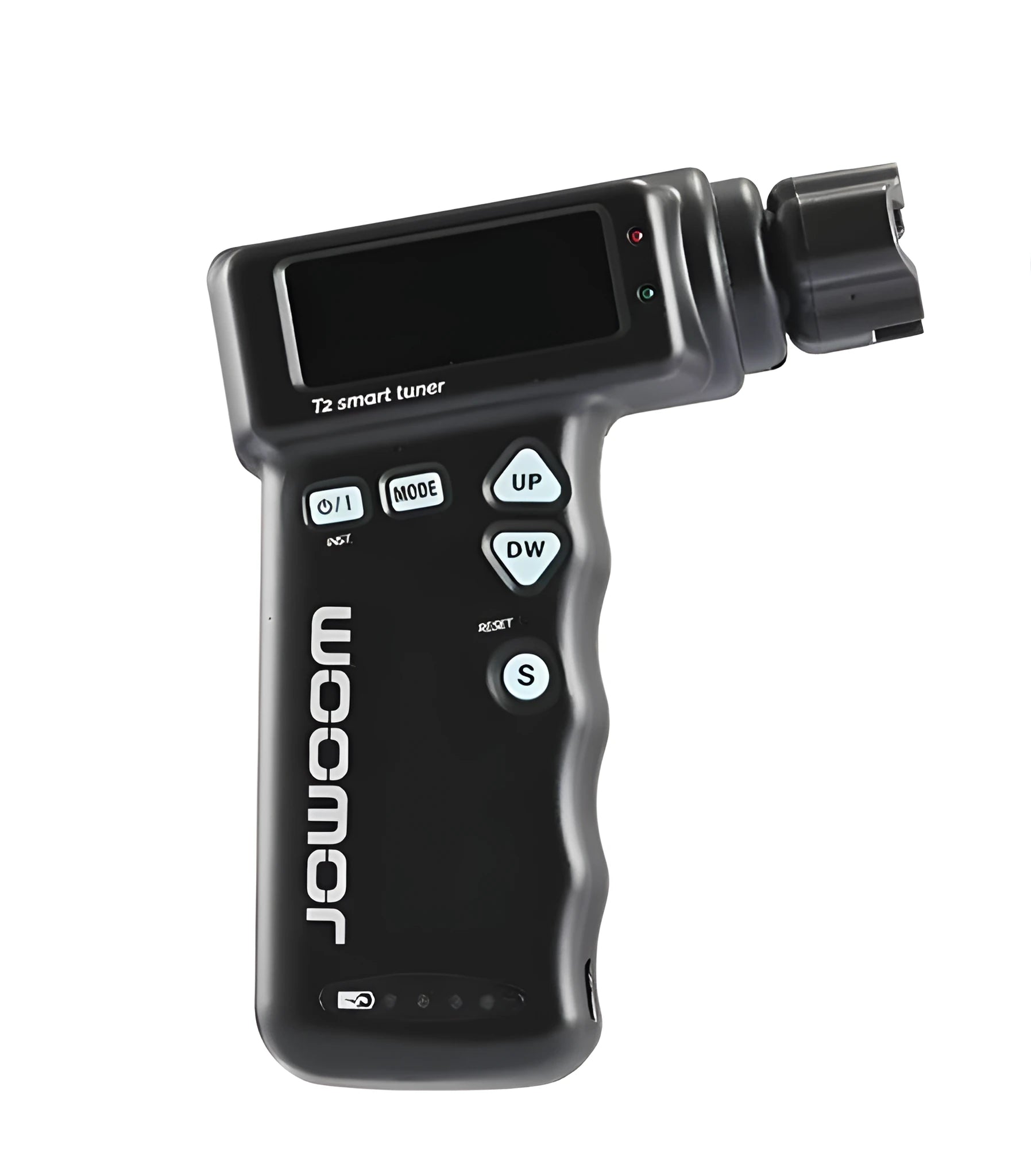 Black and white smart guitar tuner with integrated string winder and colour LCD display on a guitar headstock.