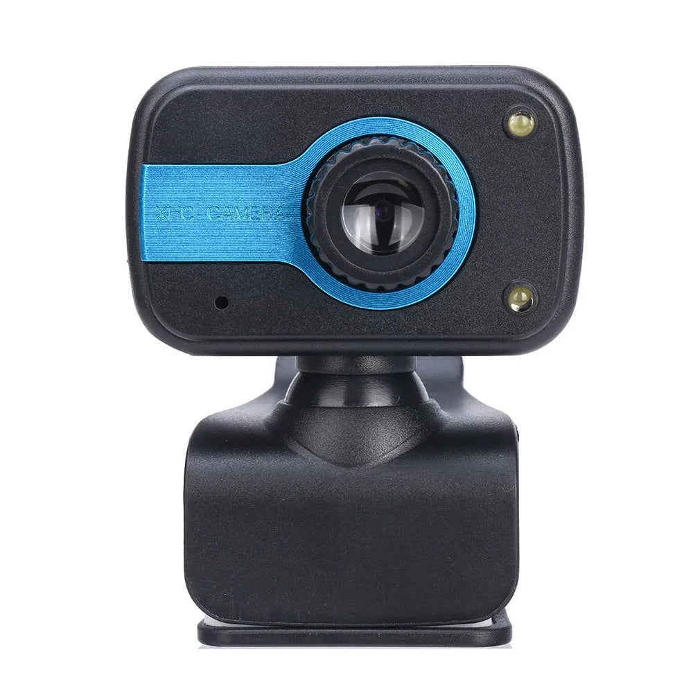 Blue mini driverless USB webcam on a stand with a 1.45m cable and 360-degree rotating head.
