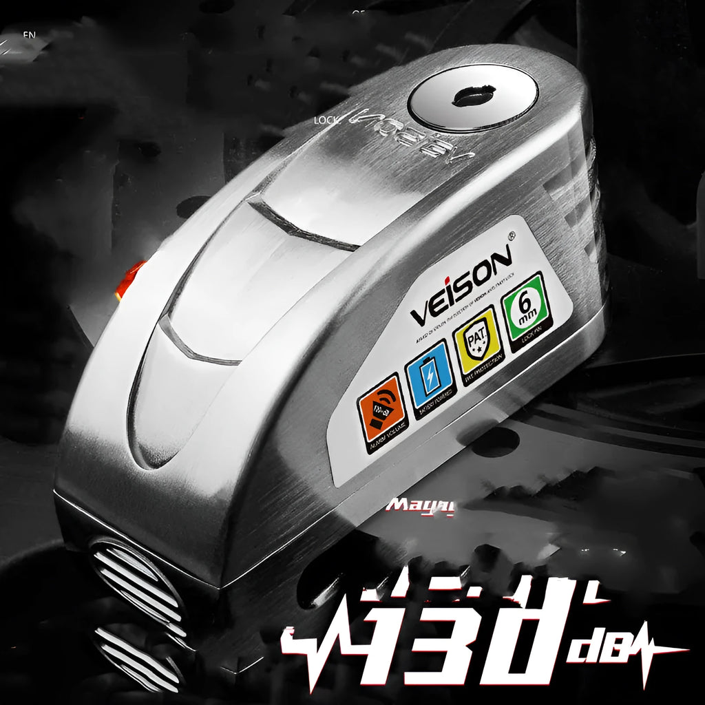 Alloy alarm disc brake lock with 6mm bolt, 55mm slot, Black or Silver, 130dB alarm, three keys