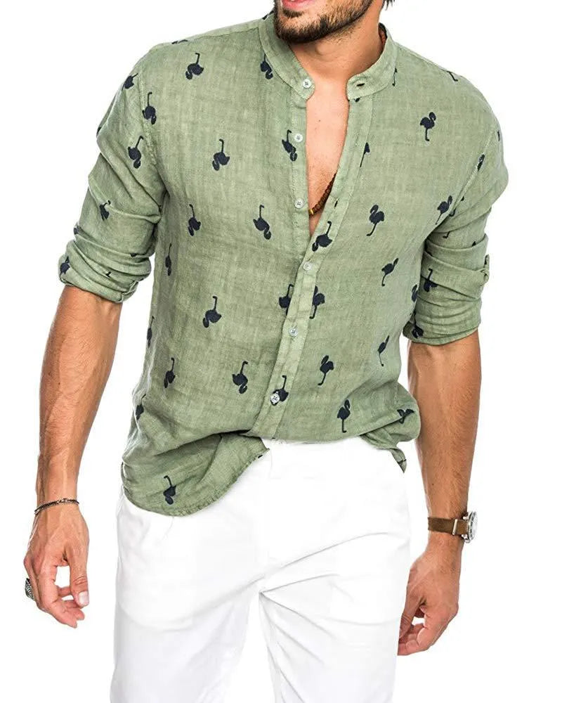 Men's 35% linen blend lapel shirt with button-down front, available in multiple colours including Khaki