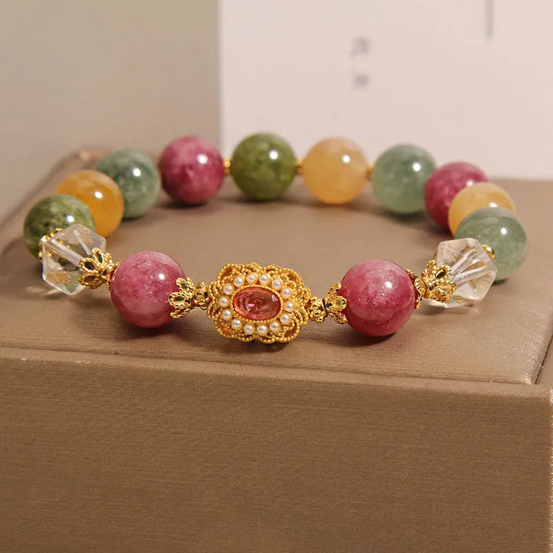 Jade colour tourmaline bracelet for women with round beads and rhinestone accents on alloy base