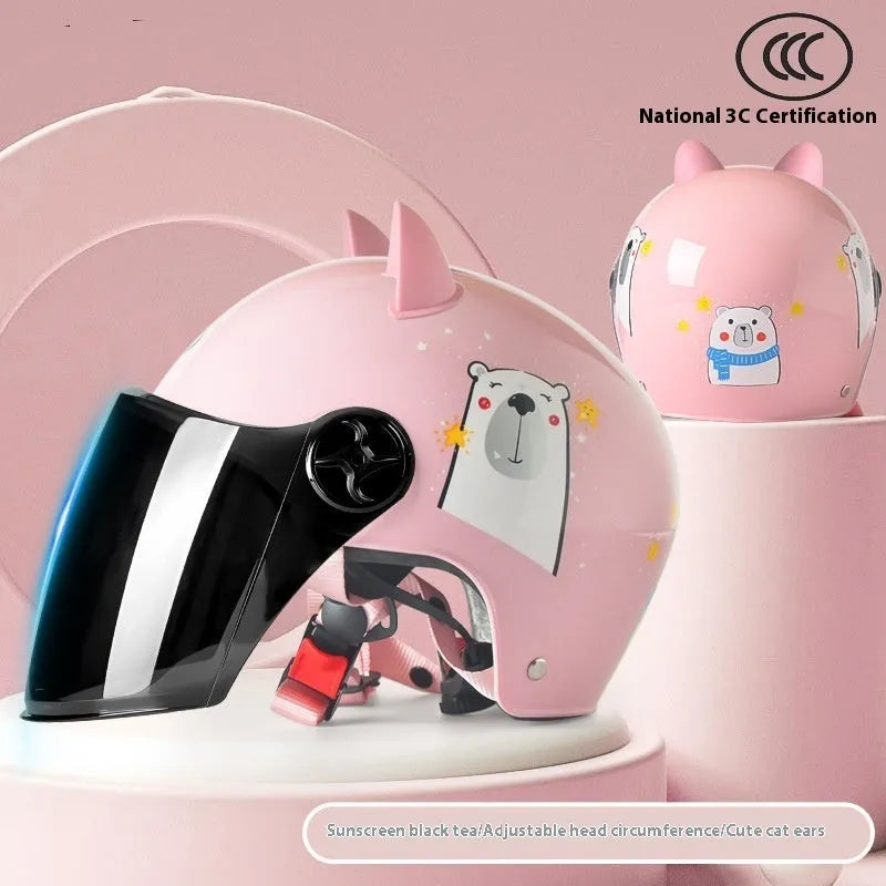 3C certified children's helmet with cat ears design in blue bunny with clear visor for electric car commuting