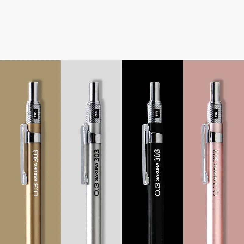 Japanese metal mechanical pencil in gold, silver, black, or pink, showing 0.3mm and 0.5mm lead size options.