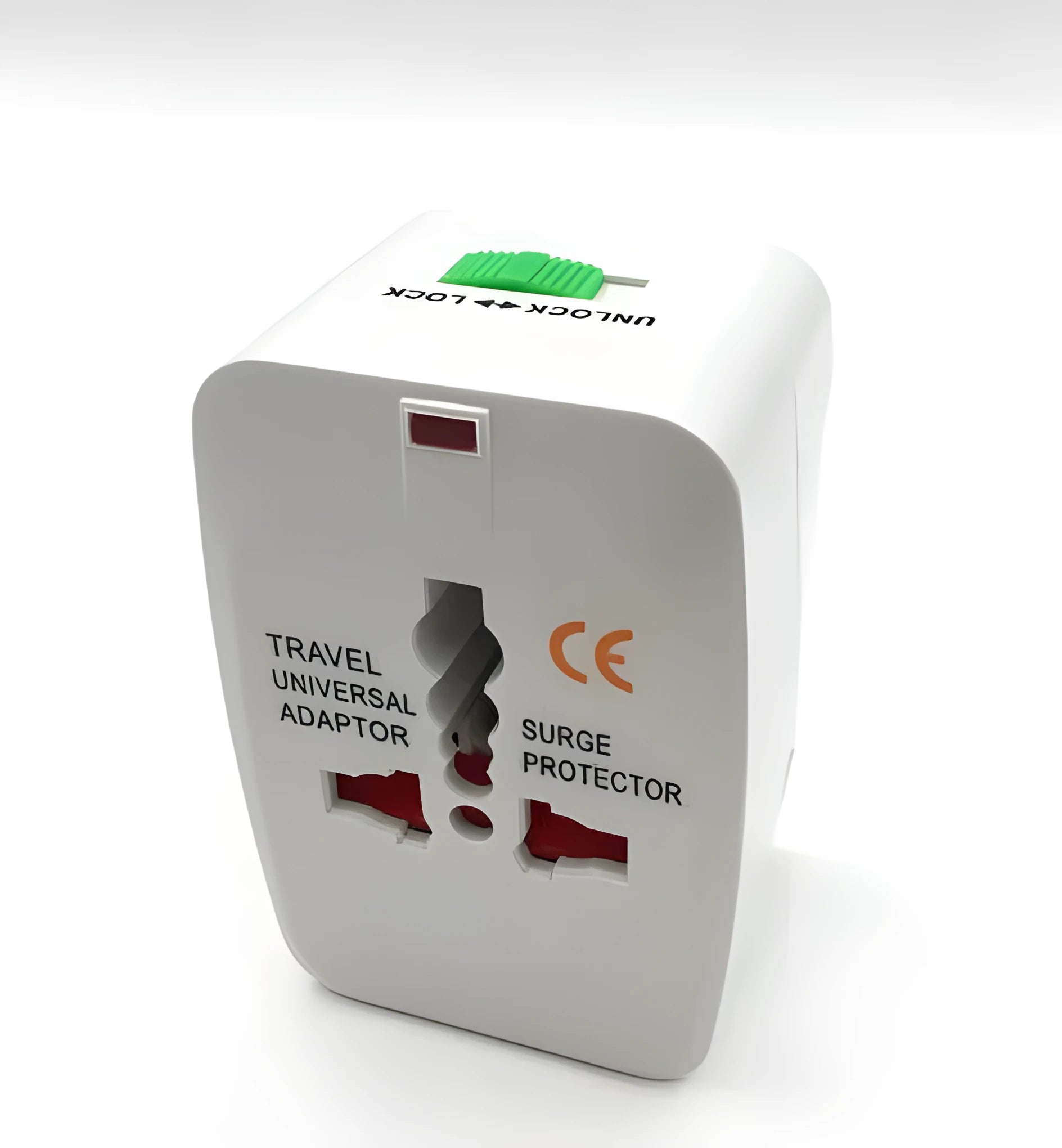 Universal travel plug adapter showing UK, US, EU, and AU pins with dimensions 73x50x39 mm.