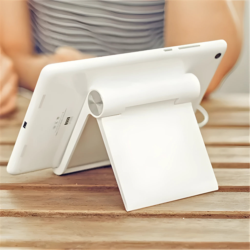 Folding plastic desktop stand holding a smartphone in black colour on a desk