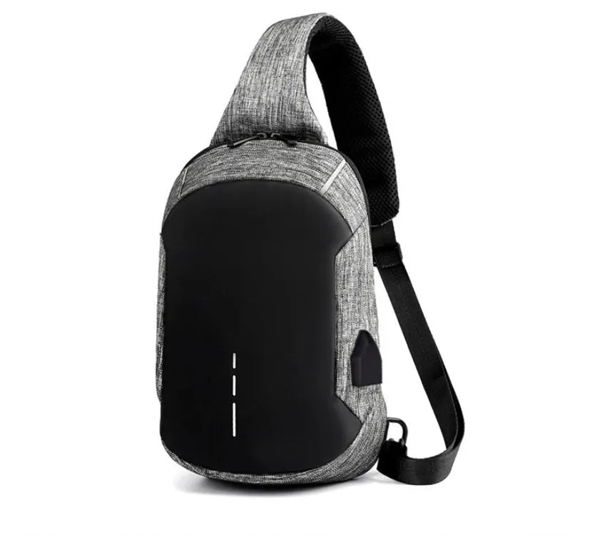 Dark blue Oxford cloth chest bag with adjustable strap, worn across the chest, showing front zipper and square shape.