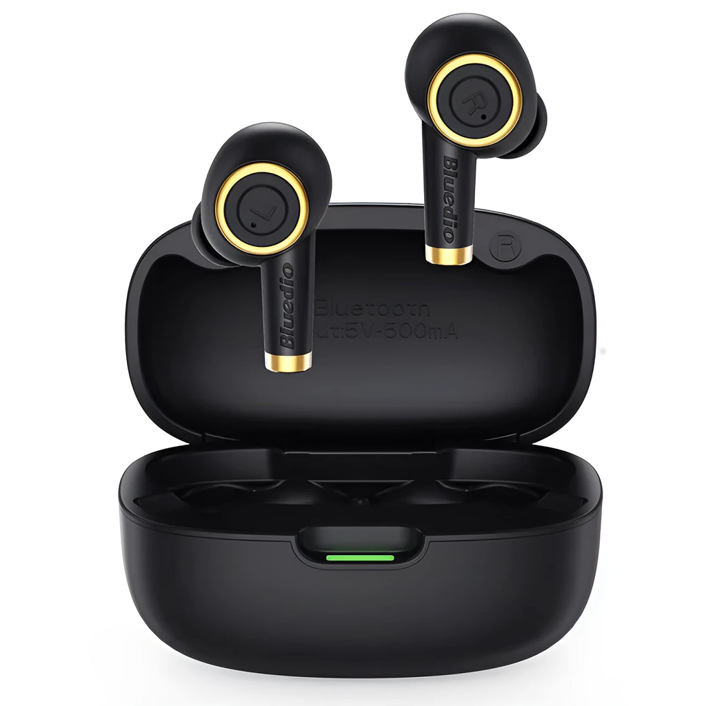 Black true wireless sports headphones with silicone earplugs and a USB Type-C charging cable.