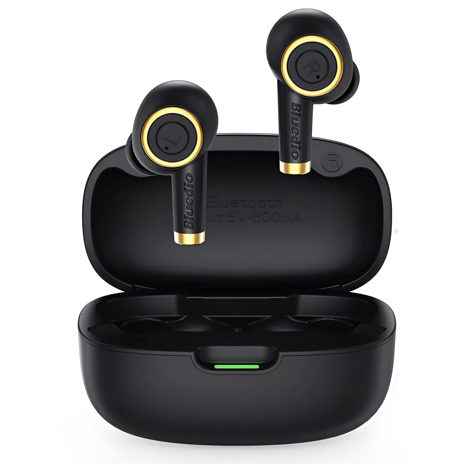 Black true wireless sports headphones with silicone earplugs and a USB Type-C charging cable.