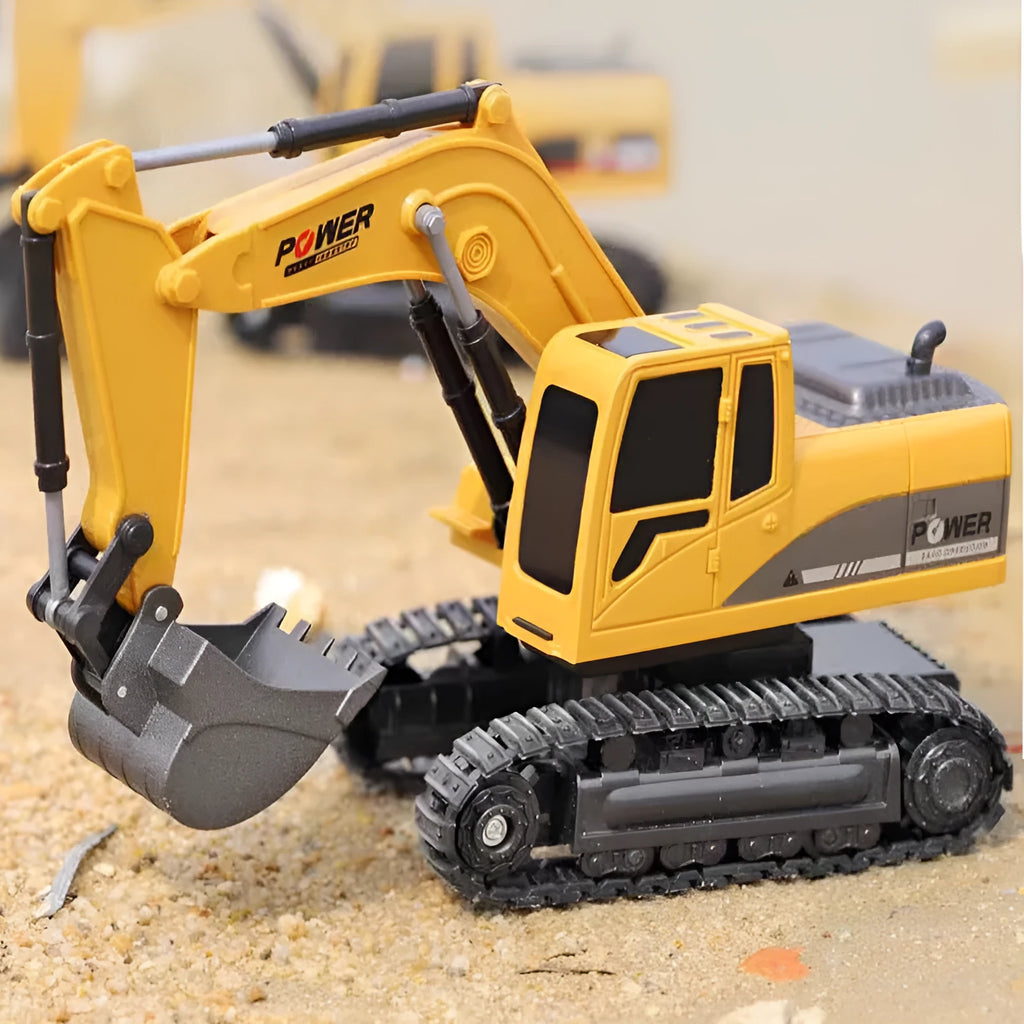 Black alloy remote control excavator with yellow boom arm and handle remote controller on white background