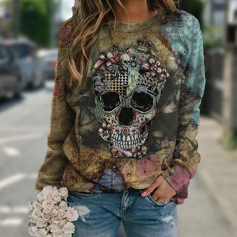 Black long sleeve men's sweatshirt with printed skull design on front, showing knitted fabric texture