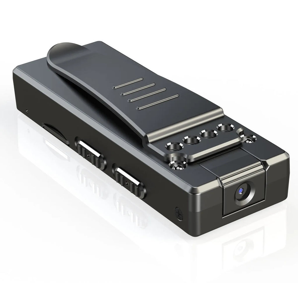 Black 1080p HD DV home camera with night vision, shown on a stand with a 90-degree rotation angle.
