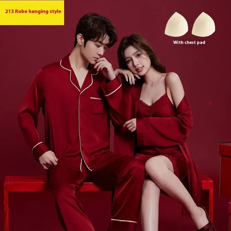 Red ice silk polyester wedding dowry suit set for men and women with long sleeves