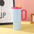 Large portable ice bucket cup with handle and straw in five colour options: black, pink, sky blue, white, and yellow.