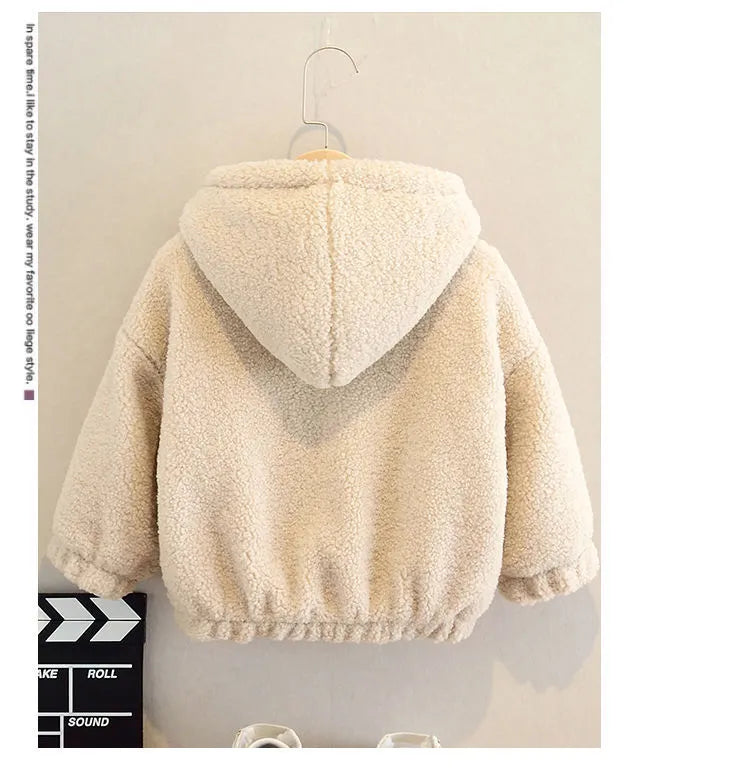 Children's fleece jacket with hood in cashmere fleece fabric with cartoon print design