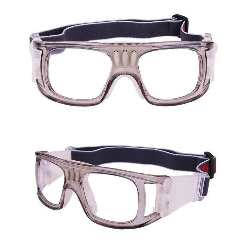 Blue explosion-proof outdoor protective basketball glasses with full rim polycarbonate frame on court