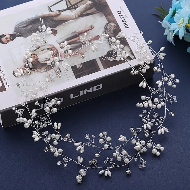 Gold bridal hair band with crystals and pearls on a wire, shown at 50cm length.