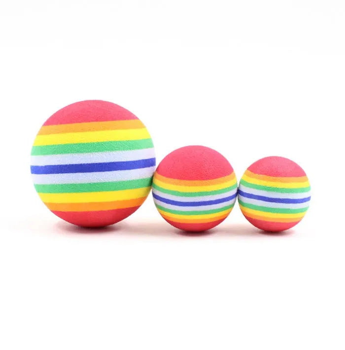 Rainbow interactive cat ball toy in soft EVA foam, 42 mm golf practice ball, yellow red light blue colours