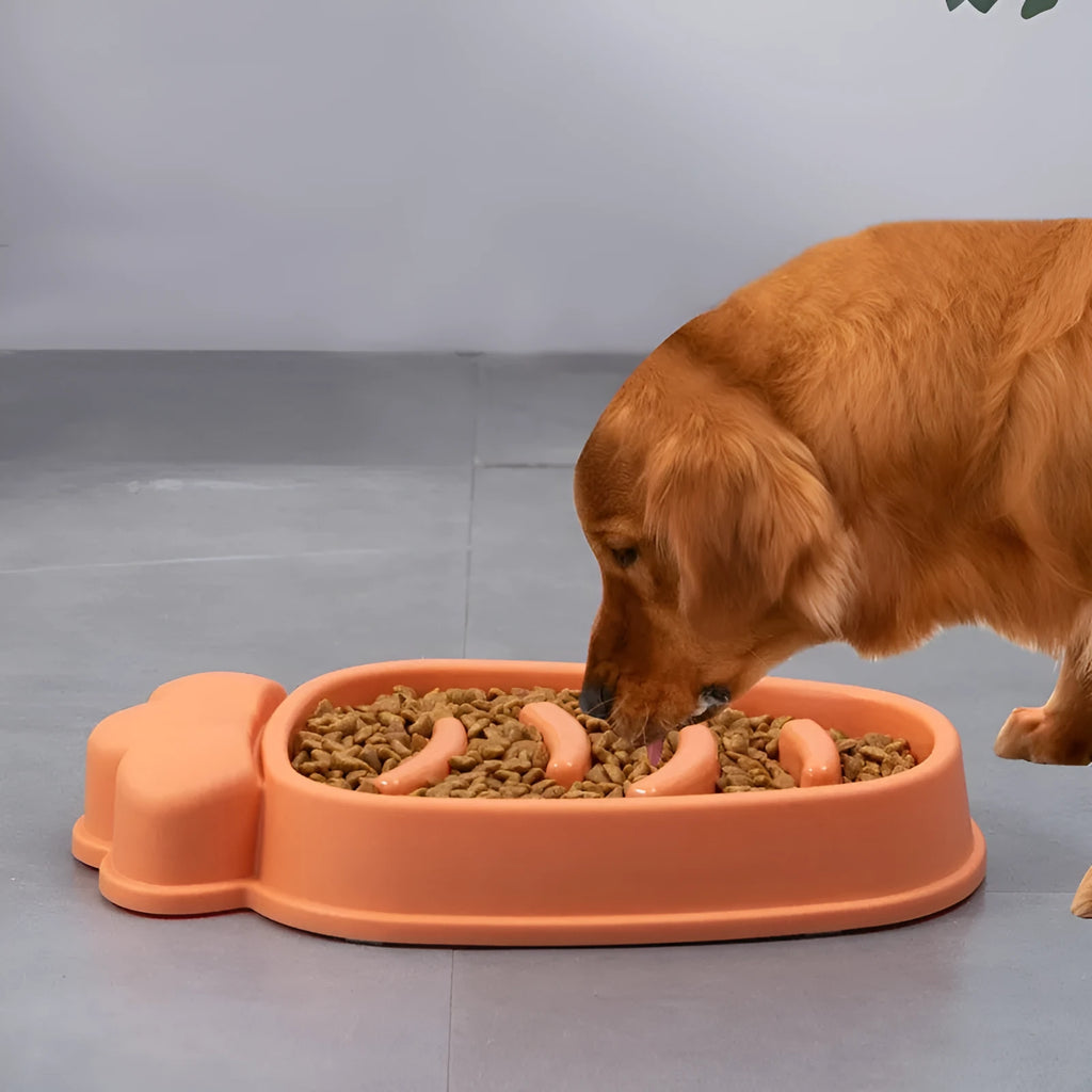 Radish Dog Slow Food Anti-tumble Pet Bowl in plastic, shown in one of four colours: Mango Yellow, Twilight Orange, Gentiana Green, or Ink Blue
