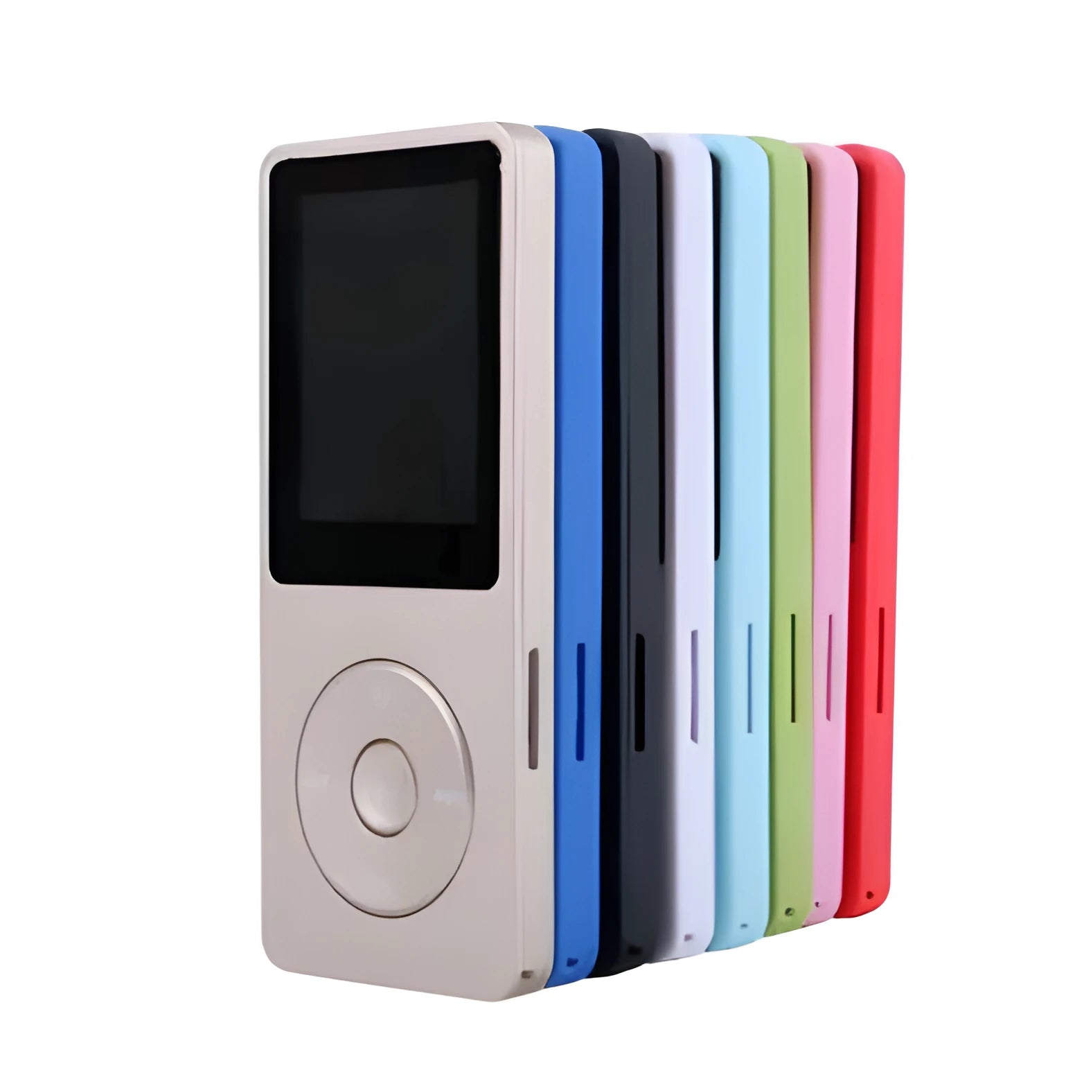 Slim Black MP4 player with a 1.8-inch colour screen showing a music playlist interface.