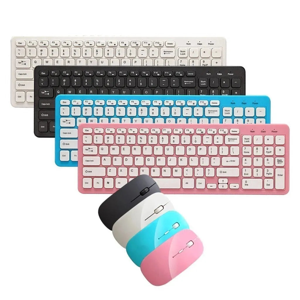 Black wireless keyboard and mouse set with USB receiver on a wooden desk