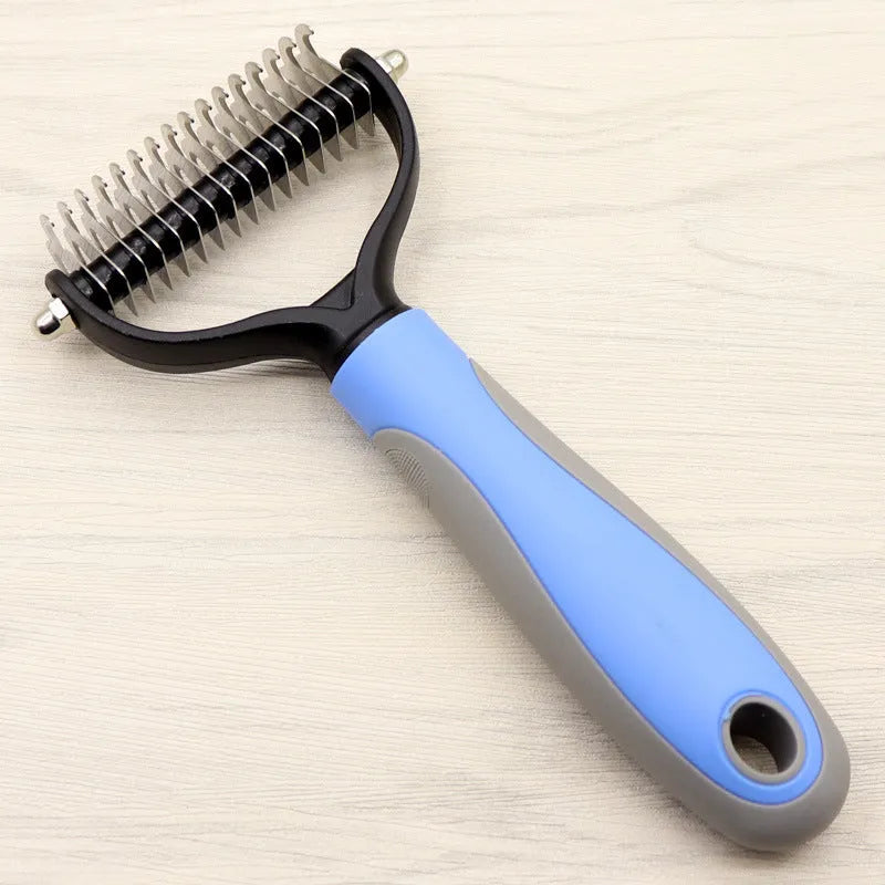 Pet long-haired dog knot comb double-sided blade dematting tool with stainless steel needles ABS TPR handle blue and pink colour options